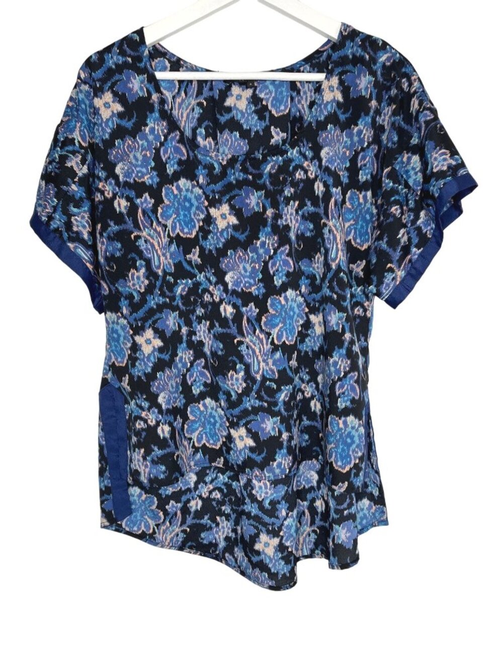 19 Cooper Womens Small Blue Floral Blouse Short Sleeve Boho Cottagecore